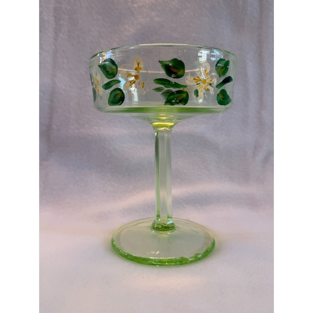 Uranium Glass Compote Painted White Floral Pedestal Candy Dish 6"